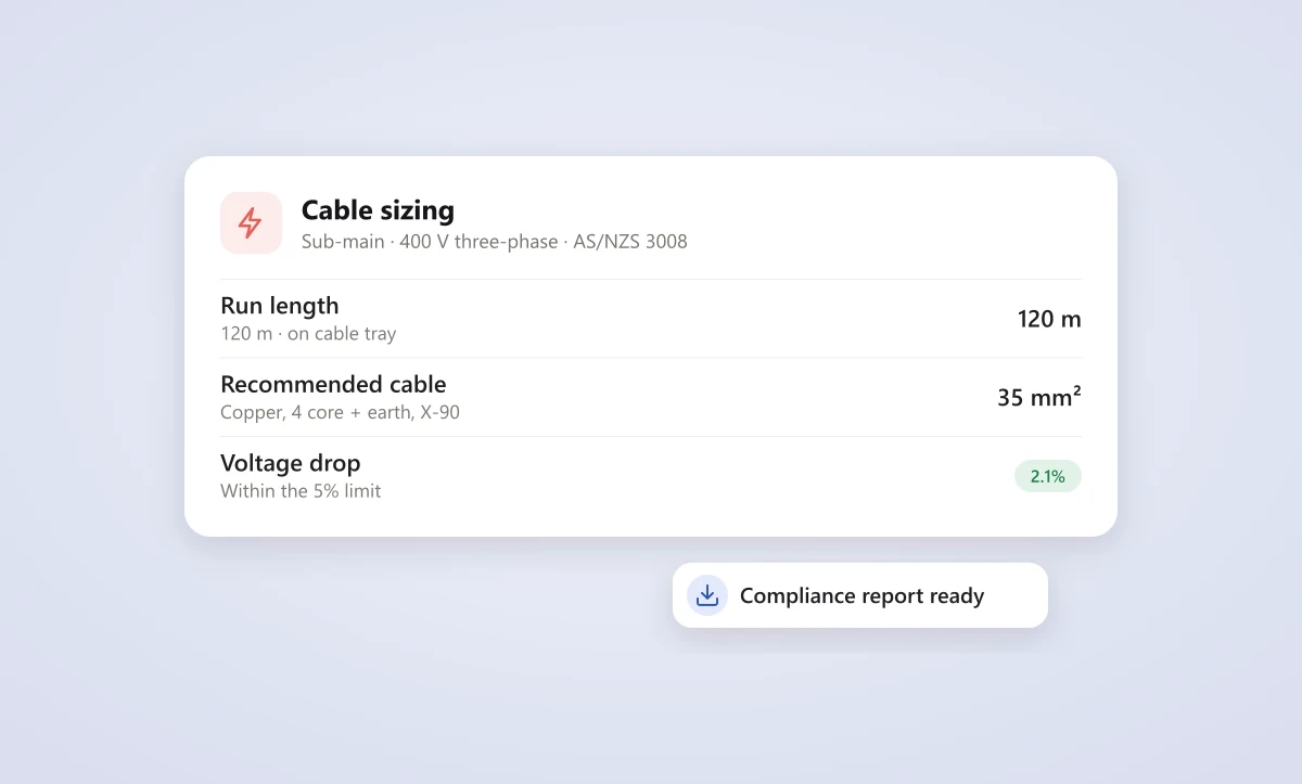 A cable sizing result