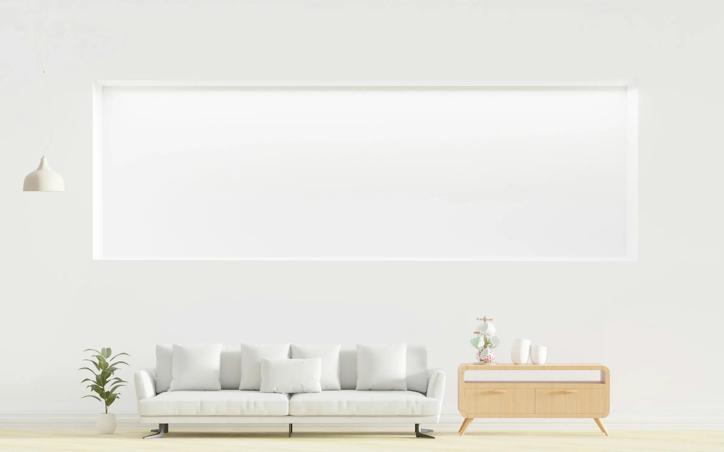 Before: A living room wall, planned around the sofa