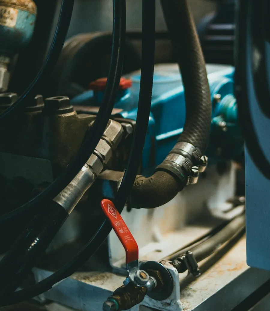 Hydraulic hoses and a red ball valve on a pump unit