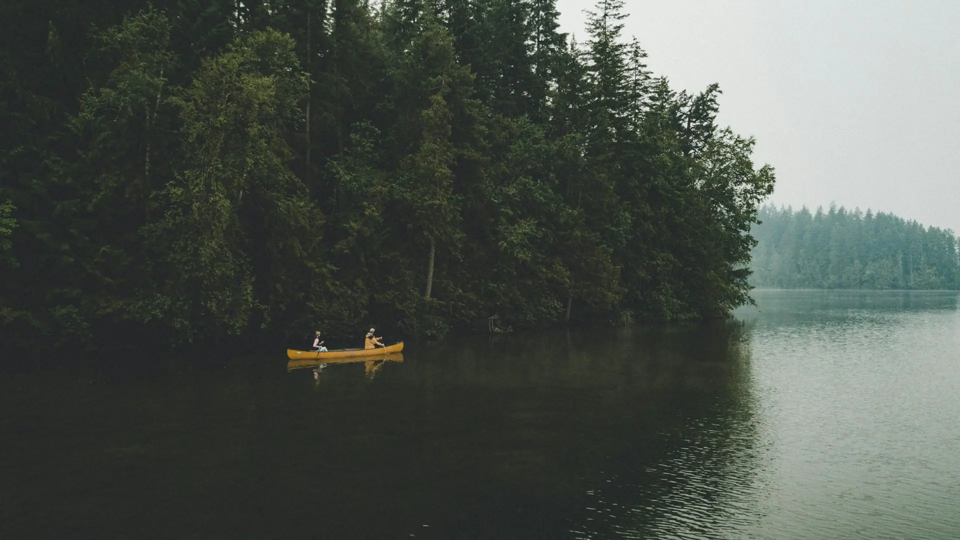 Two people paddling a canoe on a still lake below a forest