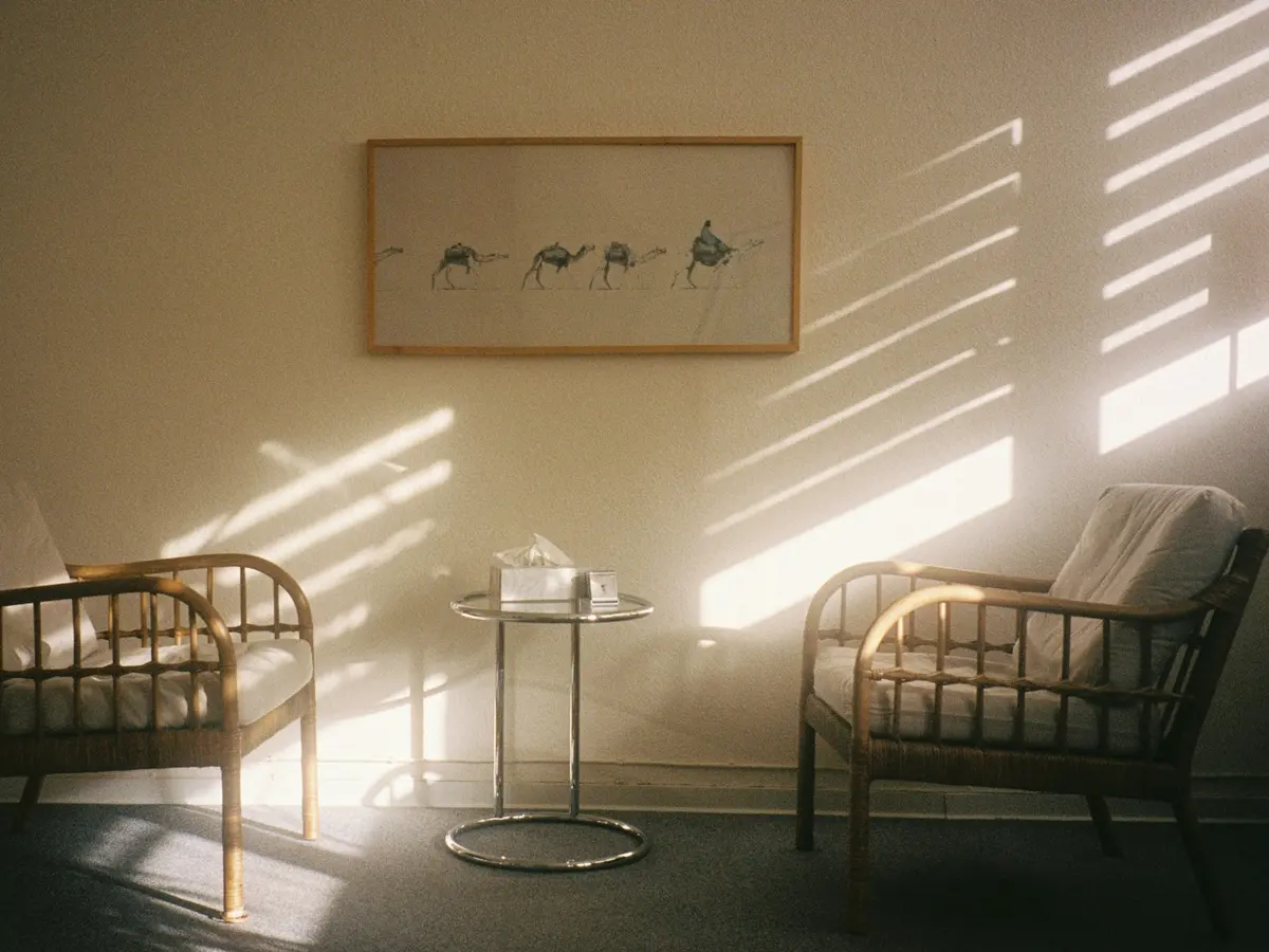 Two armchairs by a window in soft light